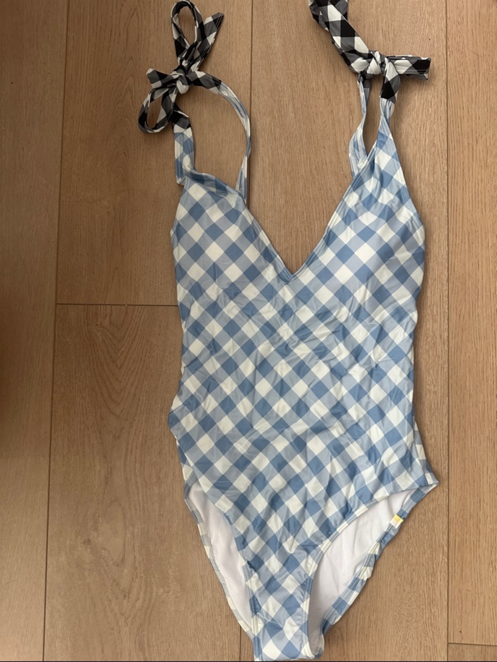 Gingham Tie-Shoulder One-Piece Swimsuit in Light Blue & White